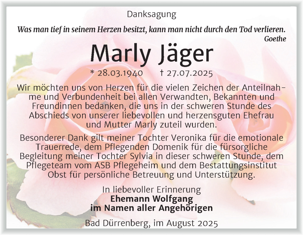  Traueranzeige für Marly Jäger vom 30.08.2025 aus Trauerkombi Merseburg