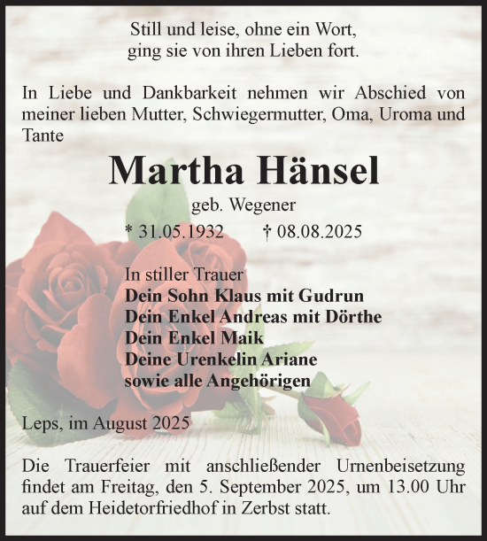 Traueranzeige von Martha Hänsel von Volksstimme Zerbst