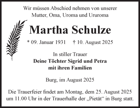 Traueranzeige von Martha Schulze von Volksstimme Burg/Genthin