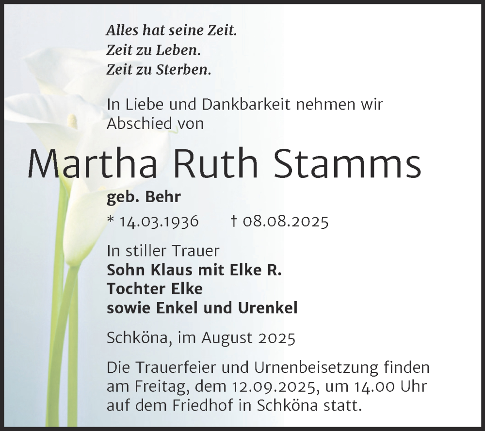  Traueranzeige für Martha Ruth Stamms vom 30.08.2025 aus Trauerkombi Wittenberg