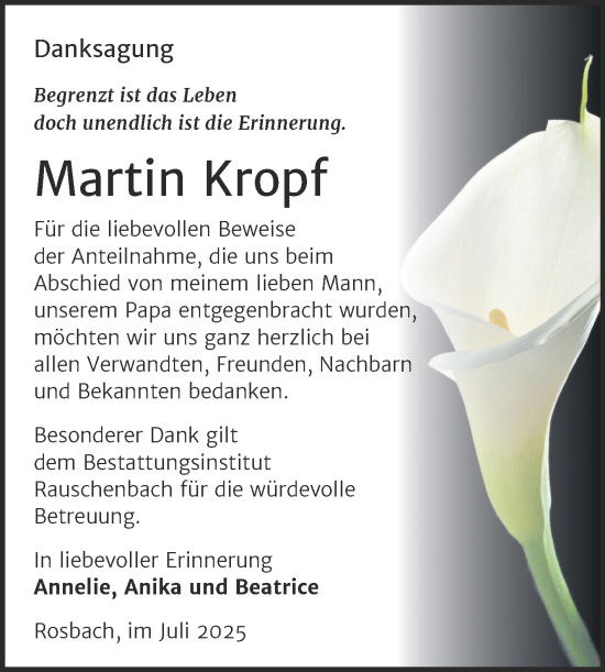 Traueranzeige von Martin Kropf von Naumburger Tageblatt