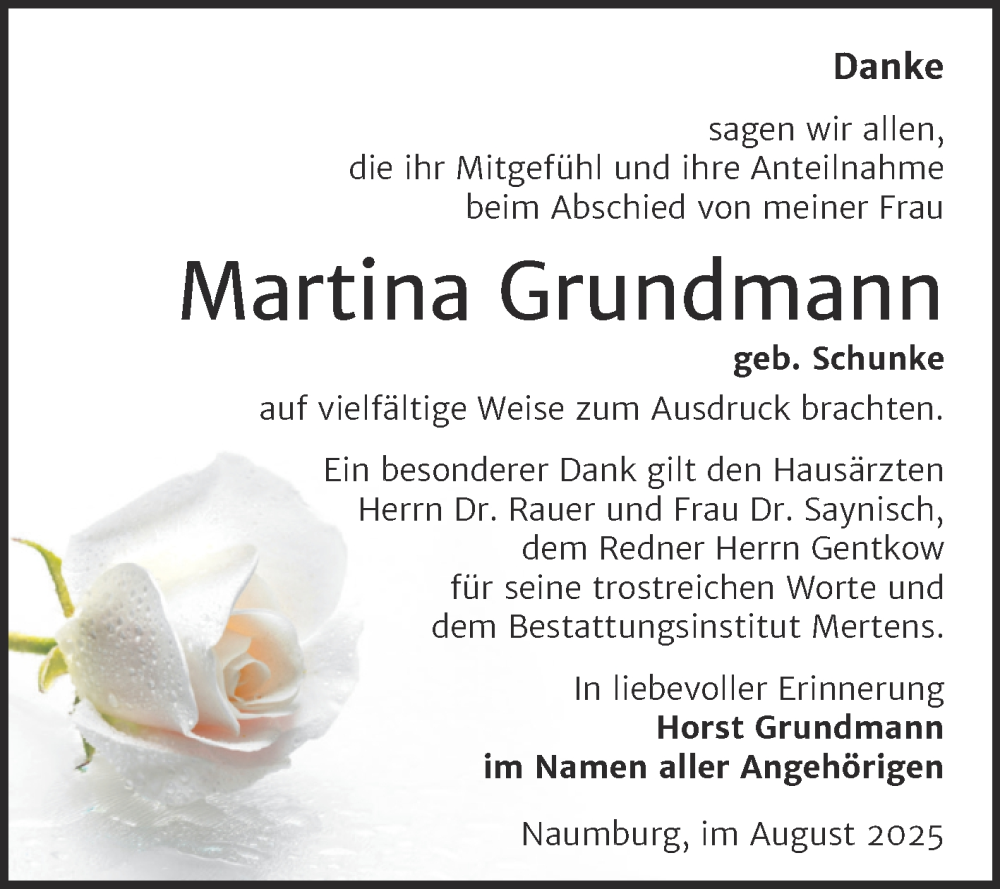  Traueranzeige für Martina Grundmann vom 30.08.2025 aus Super Sonntag Naumburg/Nebra