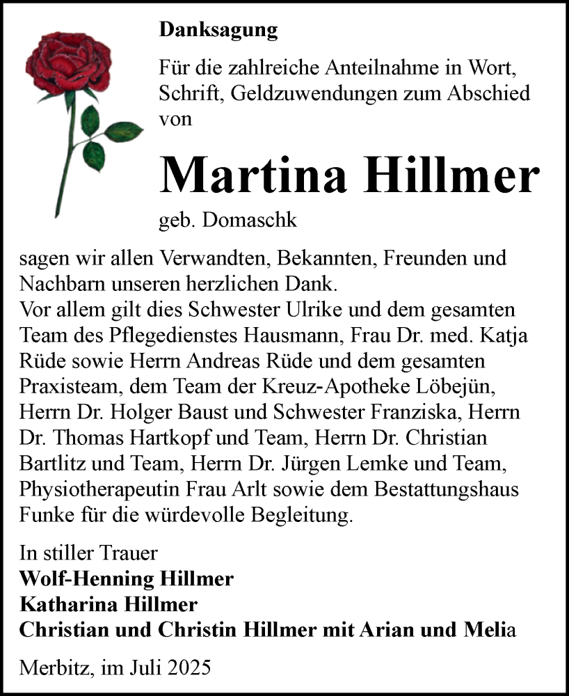  Traueranzeige für Martina Hillmer vom 16.08.2025 aus Mitteldeutsche Zeitung Halle/Saalkreis