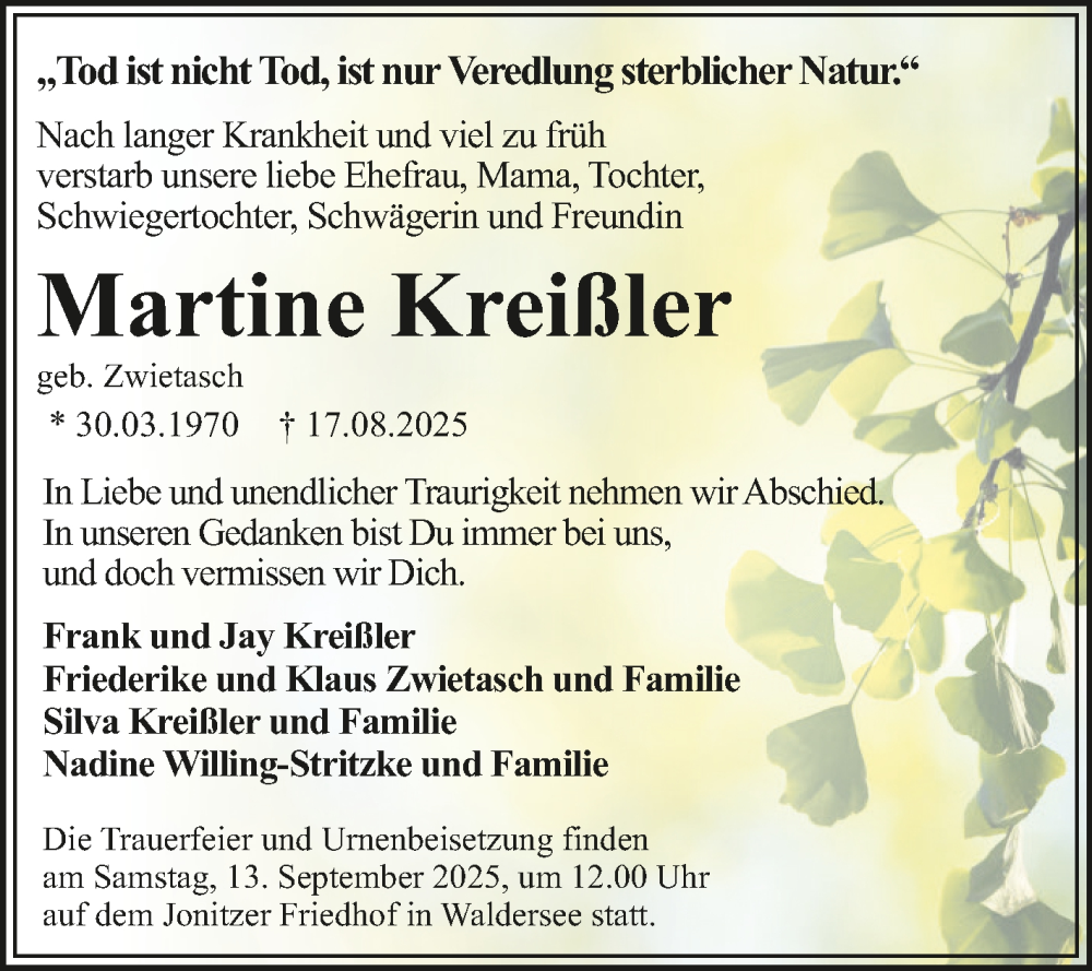  Traueranzeige für Martine Kreißler vom 30.08.2025 aus Trauerkombi Dessau