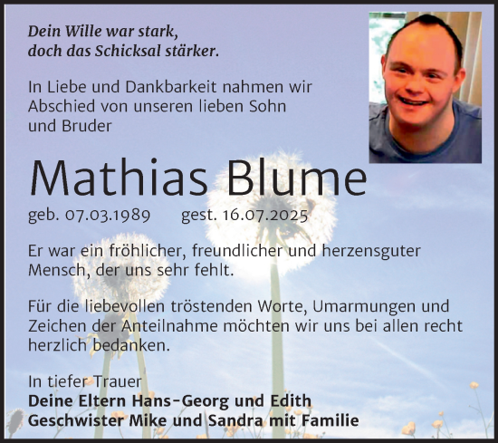 Traueranzeige von Mathias Blume von Trauerkombi Merseburg