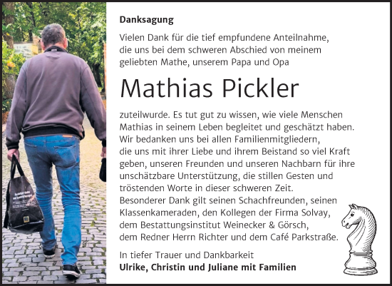 Traueranzeige von Mathias Pickler von Trauerkombi Bernburg