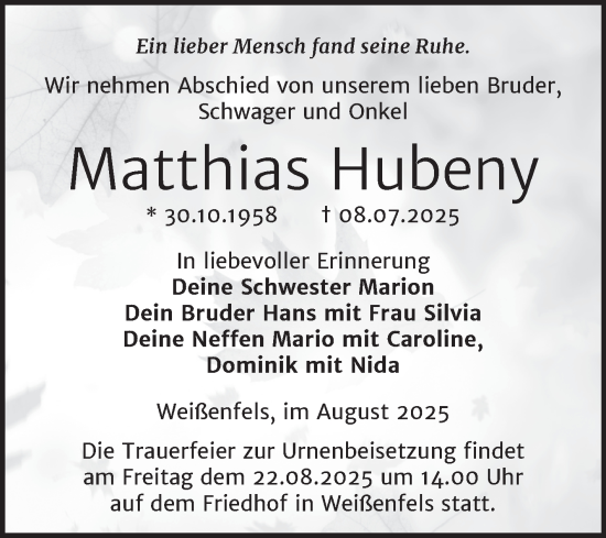 Traueranzeige von Matthias Hubeny von Trauerkombi Weißenfels