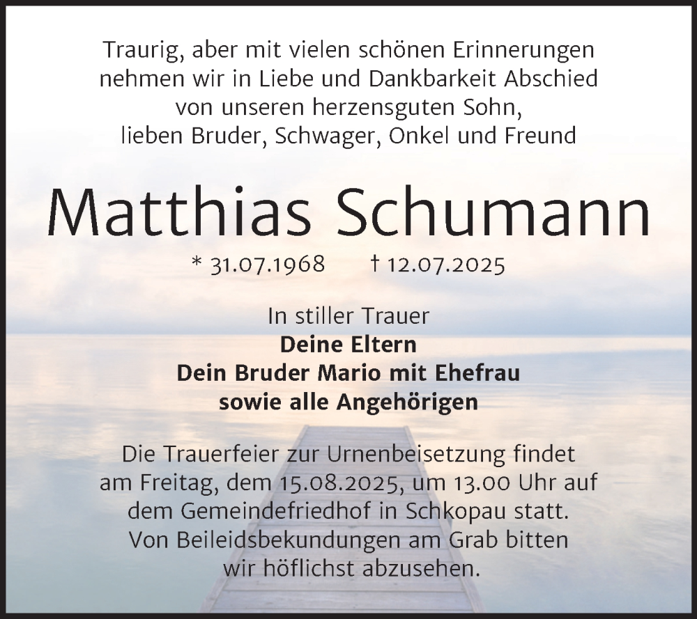  Traueranzeige für Matthias Schumann vom 02.08.2025 aus Trauerkombi Merseburg
