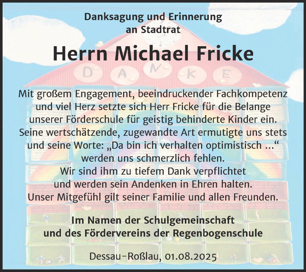  Traueranzeige für Michael Fricke vom 02.08.2025 aus Mitteldeutsche Zeitung Dessau-Roßlau
