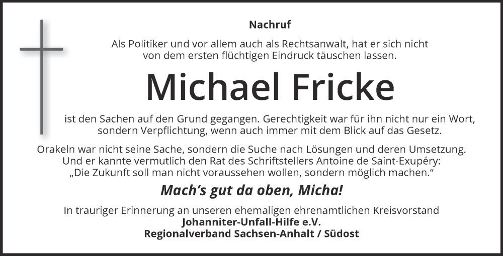  Traueranzeige für Michael Fricke vom 23.08.2025 aus Mitteldeutsche Zeitung Dessau-Roßlau