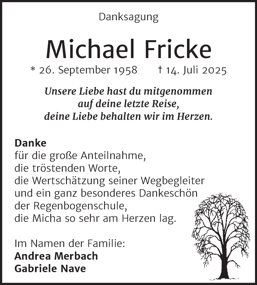  Traueranzeige für Michael Fricke vom 23.08.2025 aus Trauerkombi Dessau