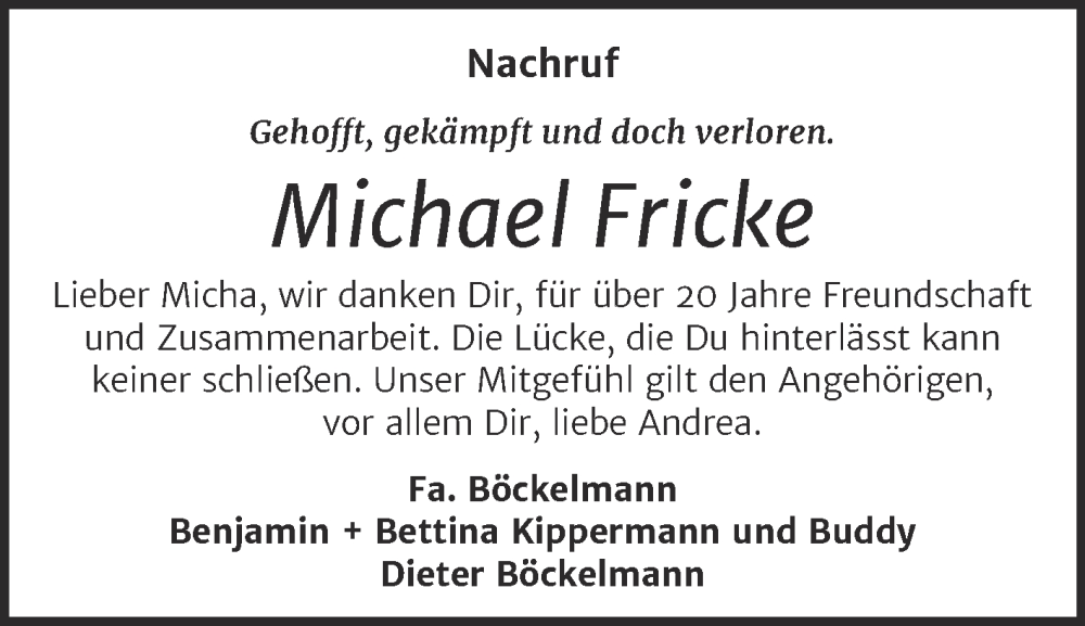  Traueranzeige für Michael Fricke vom 09.08.2025 aus Super Sonntag Dessau-Roßlau