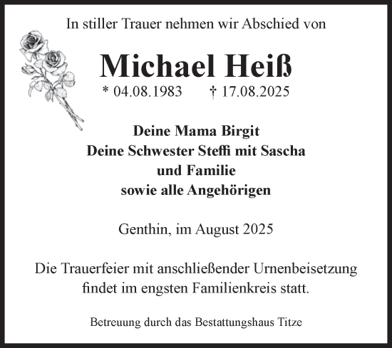 Traueranzeige von Michael Heiß von Volksstimme Burg/Genthin
