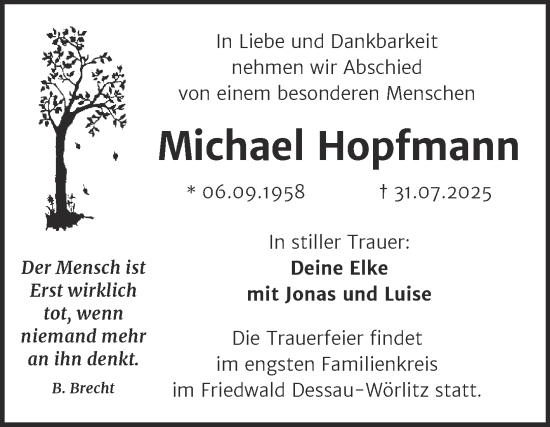 Traueranzeige von Michael Hopfmann von Trauerkombi Dessau