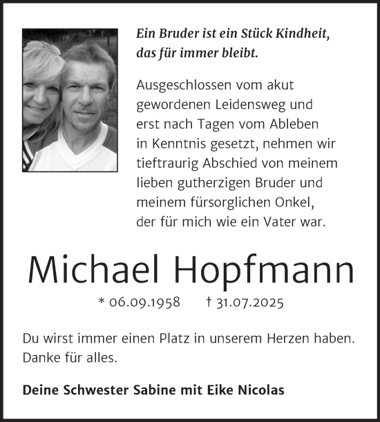 Traueranzeige von Michael Hopfmann von Trauerkombi Dessau