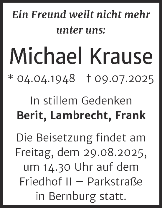 Traueranzeige von Michael Krause von Trauerkombi Bernburg