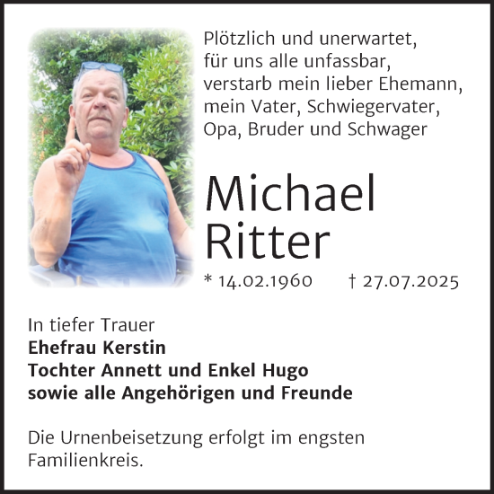 Traueranzeige von Michael Ritter von Trauerkombi Bernburg