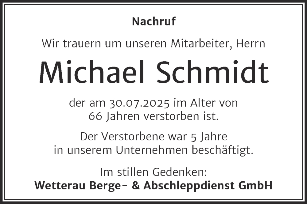  Traueranzeige für Michael Schmidt vom 09.08.2025 aus Mitteldeutsche Zeitung Halle/Saalkreis