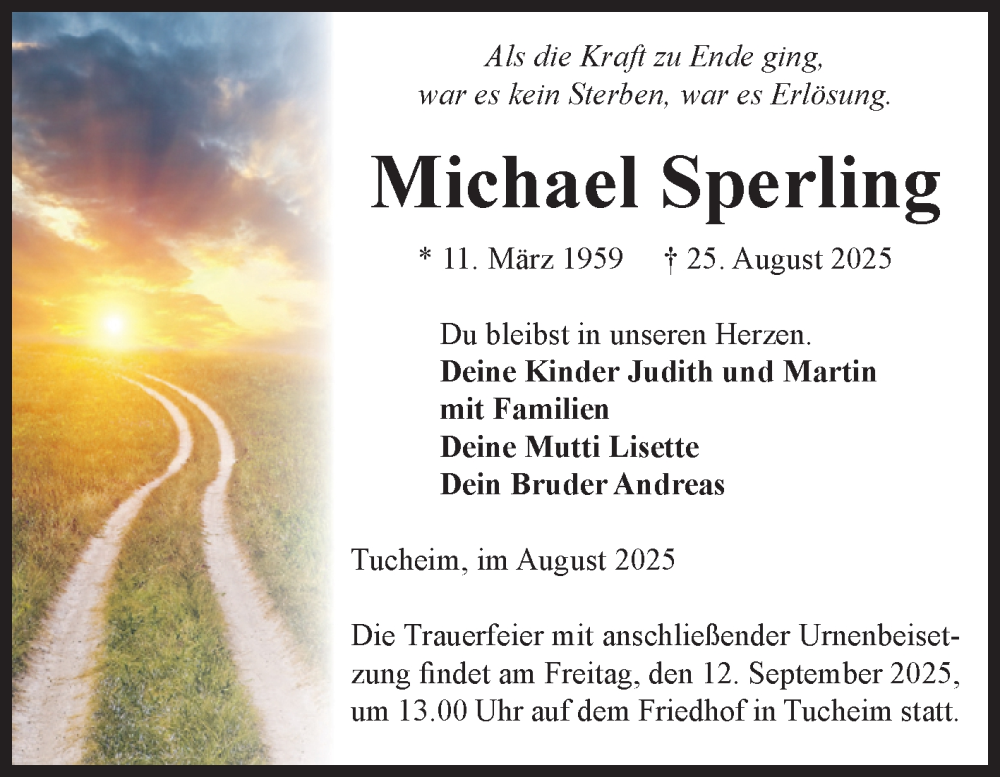  Traueranzeige für Michael Sperling vom 30.08.2025 aus Volksstimme Burg/Genthin