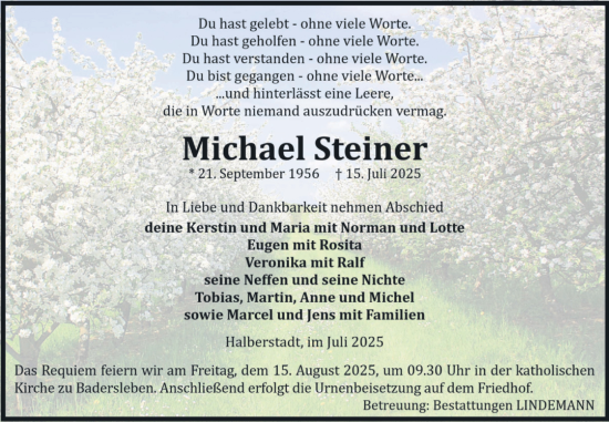 Traueranzeige von Michael Steiner von Volksstimme Halberstadt