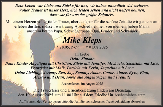 Traueranzeige von Mike Kleps von Trauerkombi Aschersleben
