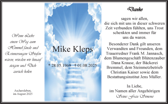 Traueranzeige von Mike Kleps von Trauerkombi Aschersleben