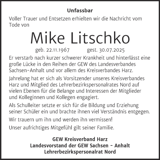 Traueranzeige von Mike Litschko von Mitteldeutsche Zeitung Quedlingburg