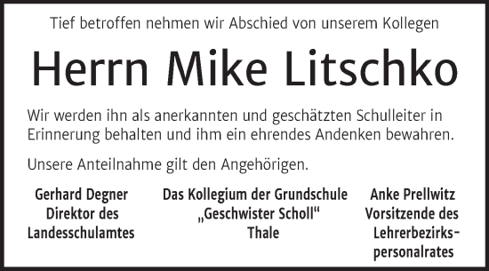 Traueranzeige von Mike Litschko von Mitteldeutsche Zeitung Quedlingburg