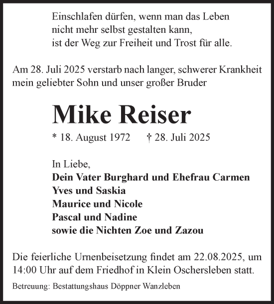 Traueranzeige von Mike Reiser von Volksstimme Oschersleben/Wanzleben
