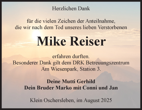 Traueranzeige von Mike Reiser von Volksstimme Oschersleben/Wanzleben