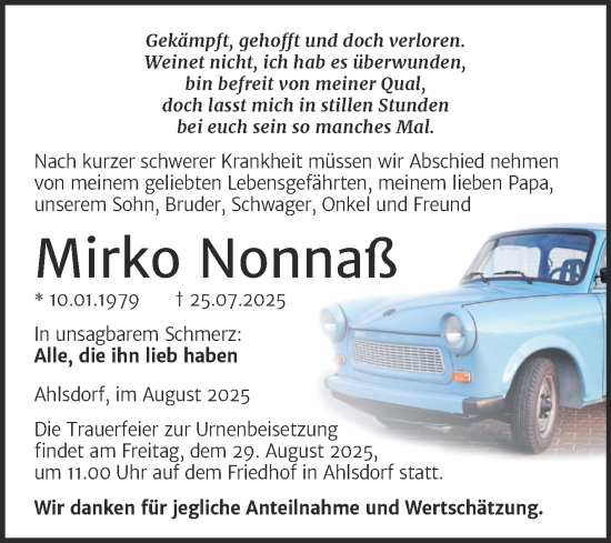 Traueranzeige von Mirko Nonnaß von Trauerkombi Mansfelder Land