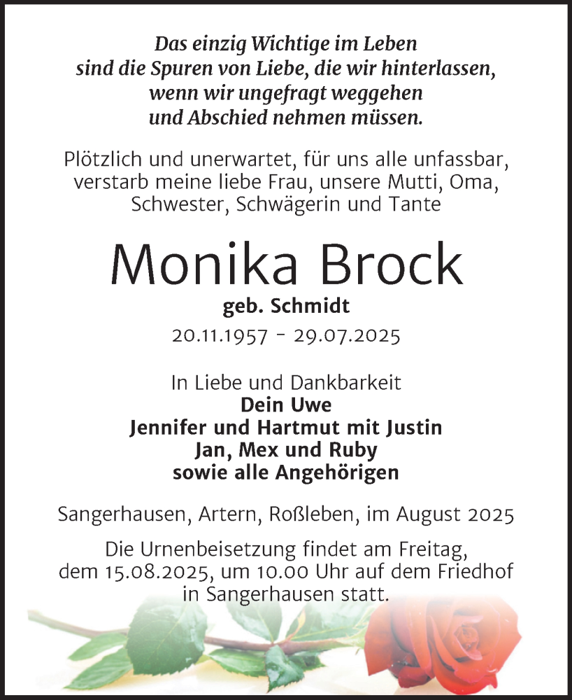  Traueranzeige für Monika Brock vom 09.08.2025 aus Trauerkombi Sangerhausen