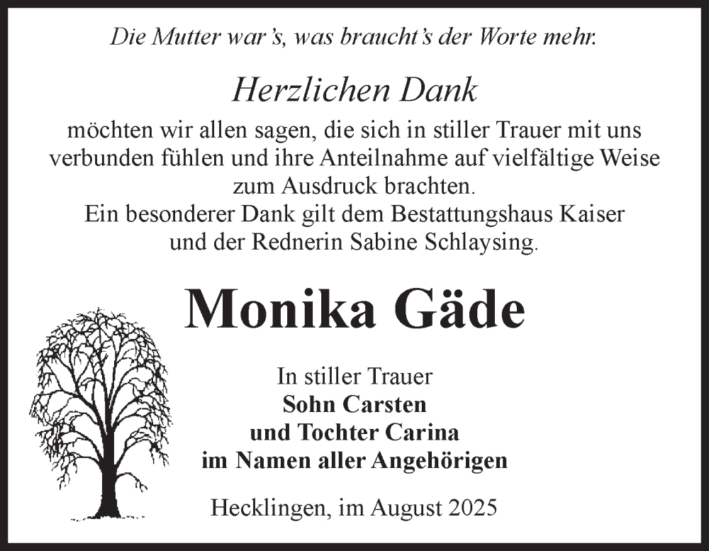  Traueranzeige für Monika Gäde vom 23.08.2025 aus 