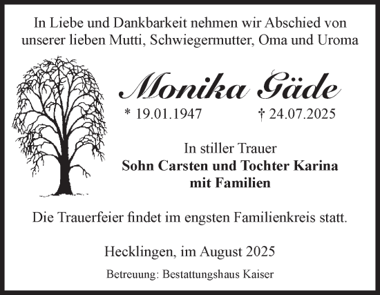 Traueranzeige von Monika Gäde 