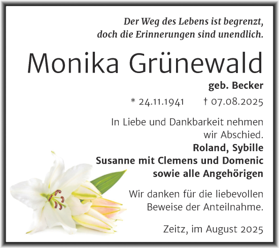 Traueranzeige von Monika Grünewald von Trauerkombi Zeitz