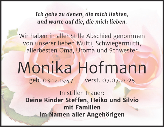 Traueranzeige von Monika Hofmann von Trauerkombi Weißenfels