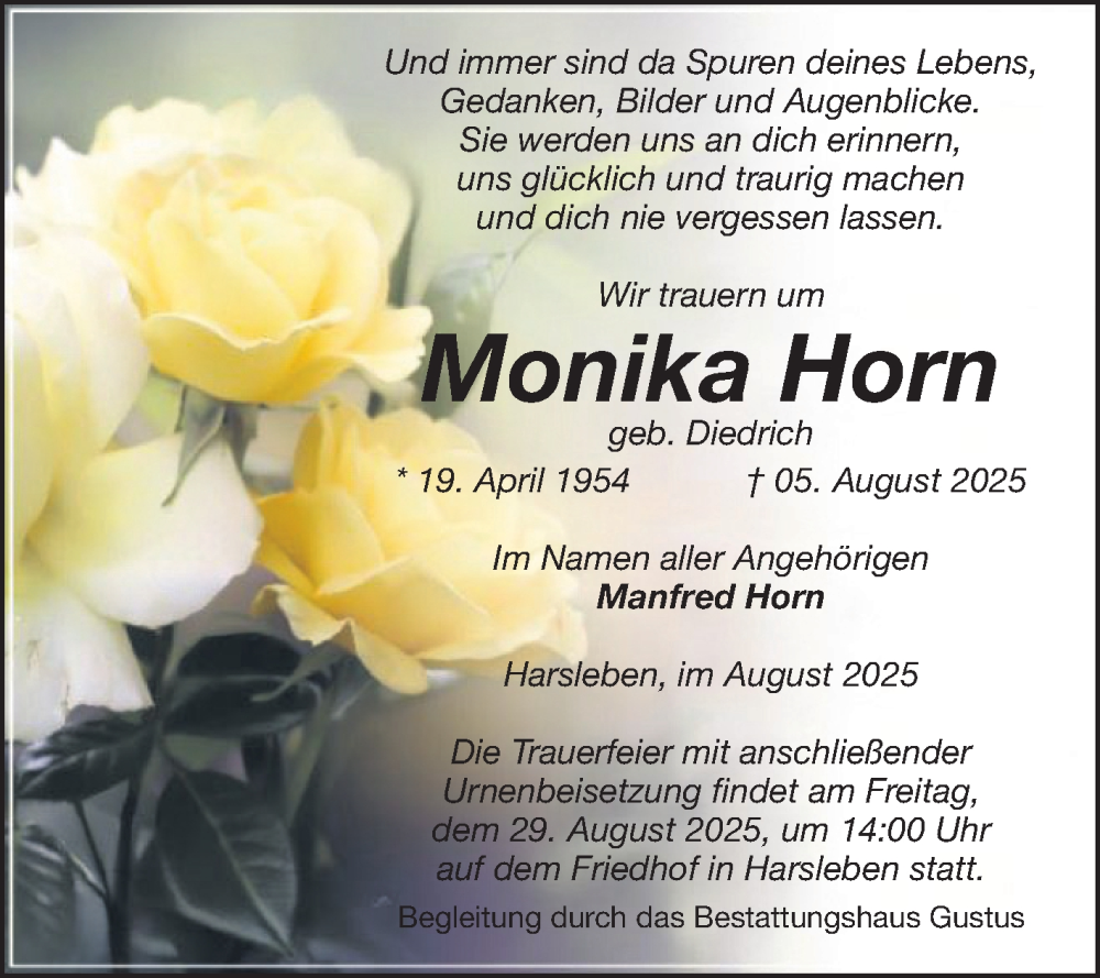  Traueranzeige für Monika Horn vom 16.08.2025 aus Volksstimme Halberstadt