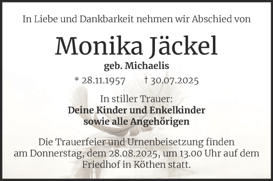 Traueranzeige von Monika Jäckel von Trauerkombi Köthen