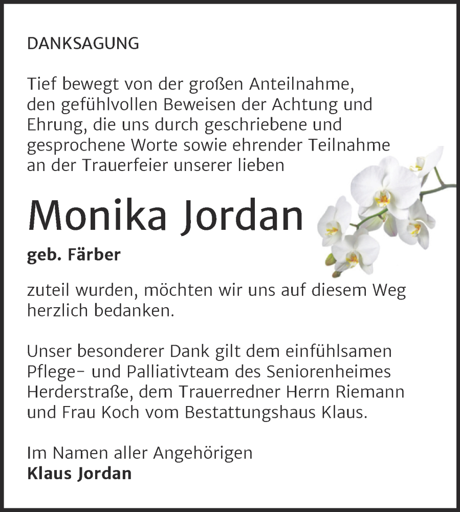  Traueranzeige für Monika Jordan vom 02.08.2025 aus Trauerkombi Weißenfels
