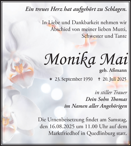 Traueranzeige von Monika Mai von Trauerkombi Quedlinburg