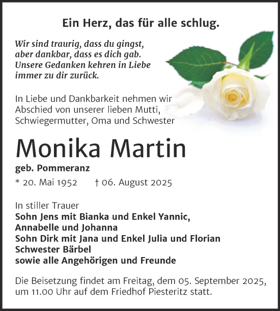 Traueranzeige von Monika Martin von Trauerkombi Wittenberg