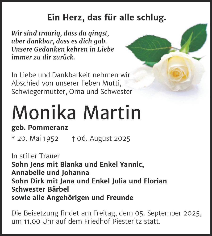  Traueranzeige für Monika Martin vom 23.08.2025 aus Trauerkombi Wittenberg