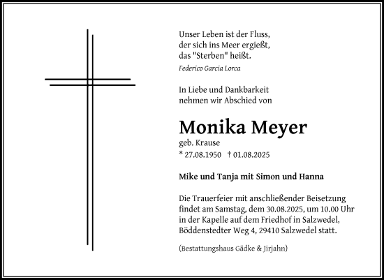 Traueranzeige von Monika Meyer von Volksstimme Altmark West