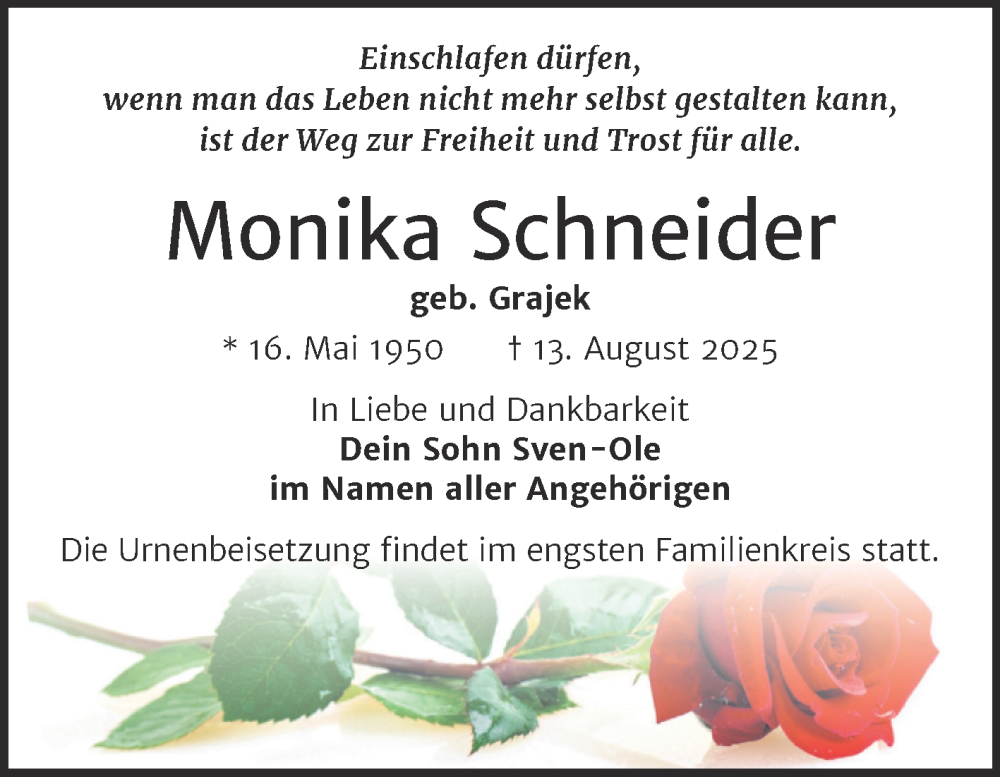  Traueranzeige für Monika Schneider vom 23.08.2025 aus Trauerkombi Zeitz