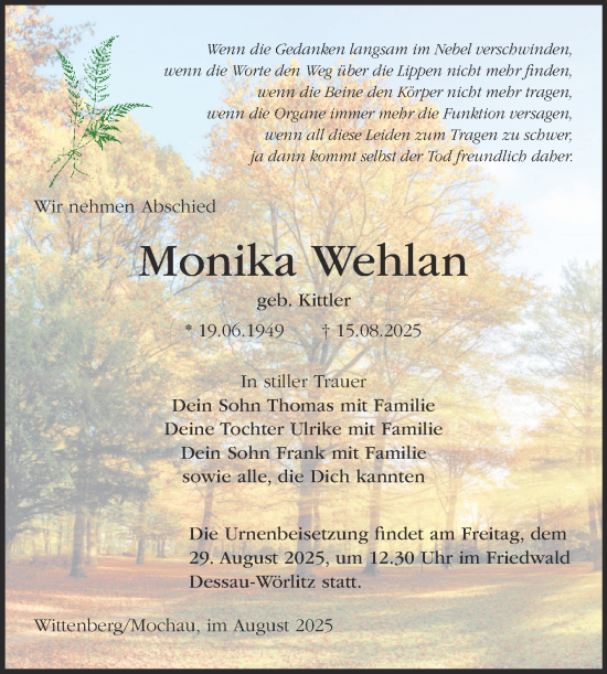 Traueranzeige von Monika Wehlan von Trauerkombi Wittenberg