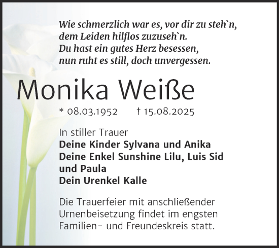 Traueranzeige von Monika Weiße von Trauerkombi Wittenberg