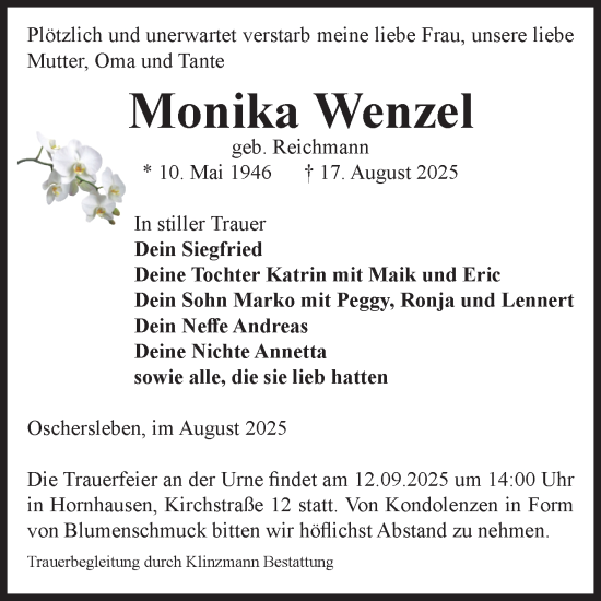 Traueranzeige von Monika Wenzel von Volksstimme Oschersleben/Wanzleben