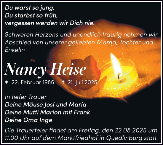 Traueranzeige von Nancy Heise von Trauerkombi Quedlinburg