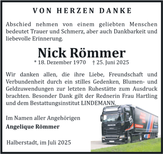 Traueranzeige von Nick Römmer von Volksstimme Halberstadt