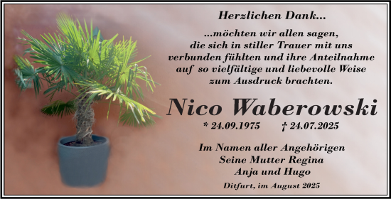 Traueranzeige von Nico Waberowski von Trauerkombi Quedlinburg